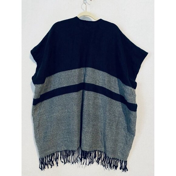 LOFT Kimono Womens One Size Blue Gray Striped Open Front Fringe Hem Boho - Picture 4 of 7